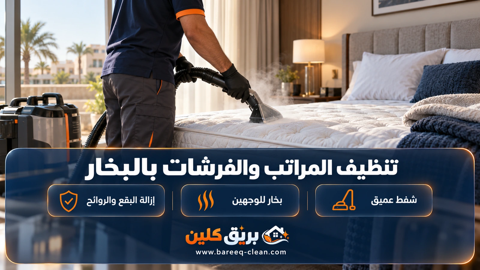 تنظيف المراتب والفرشات بالبخار: جهاز البخار على مرتبة بيضاء